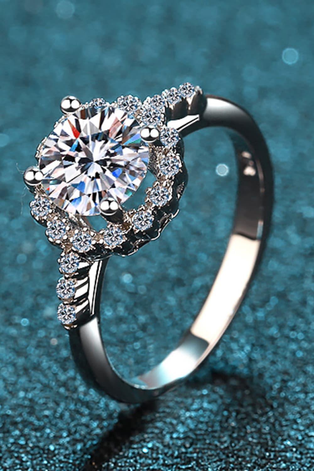 1 Carat Moissanite Halo Ring Rhodium Plated Sterling Silver - Southern Shores Clothing