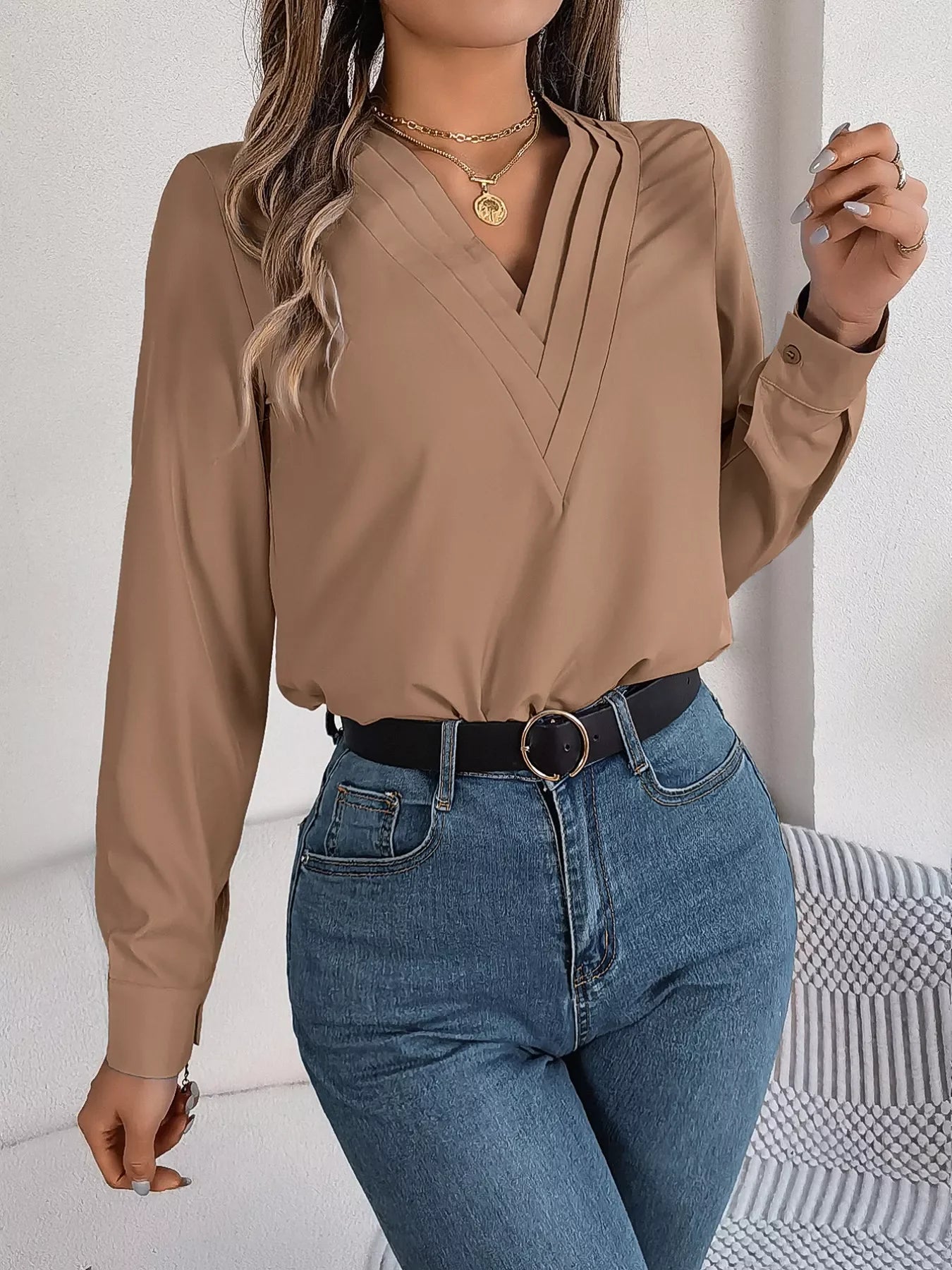 Layered V-Neck Long Sleeve Polyester Blouse - Southern Shores Clothing