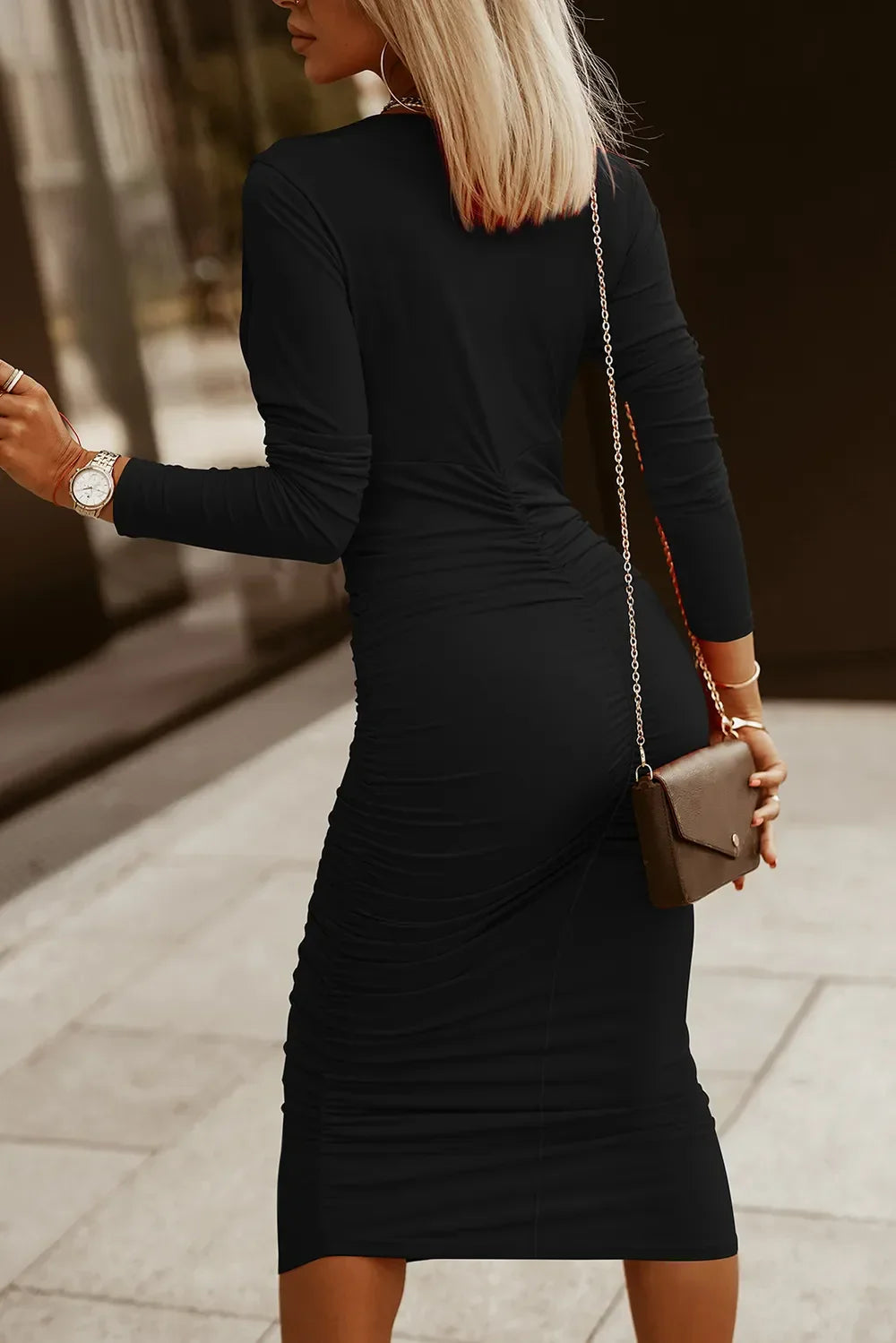 Ruched Surplice Long Sleeve Midi Dress Coastal - Southern Shores Clothing