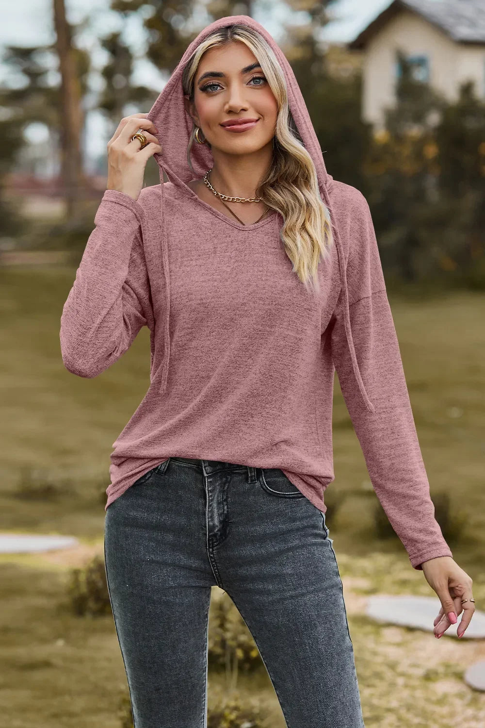 Hooded Drawstring T Shirt With Dropped Shoulder Stretchy - Southern Shores Clothing