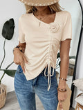 Floral Drawstring Ruched Front Stretch Knit Top - Southern Shores Clothing