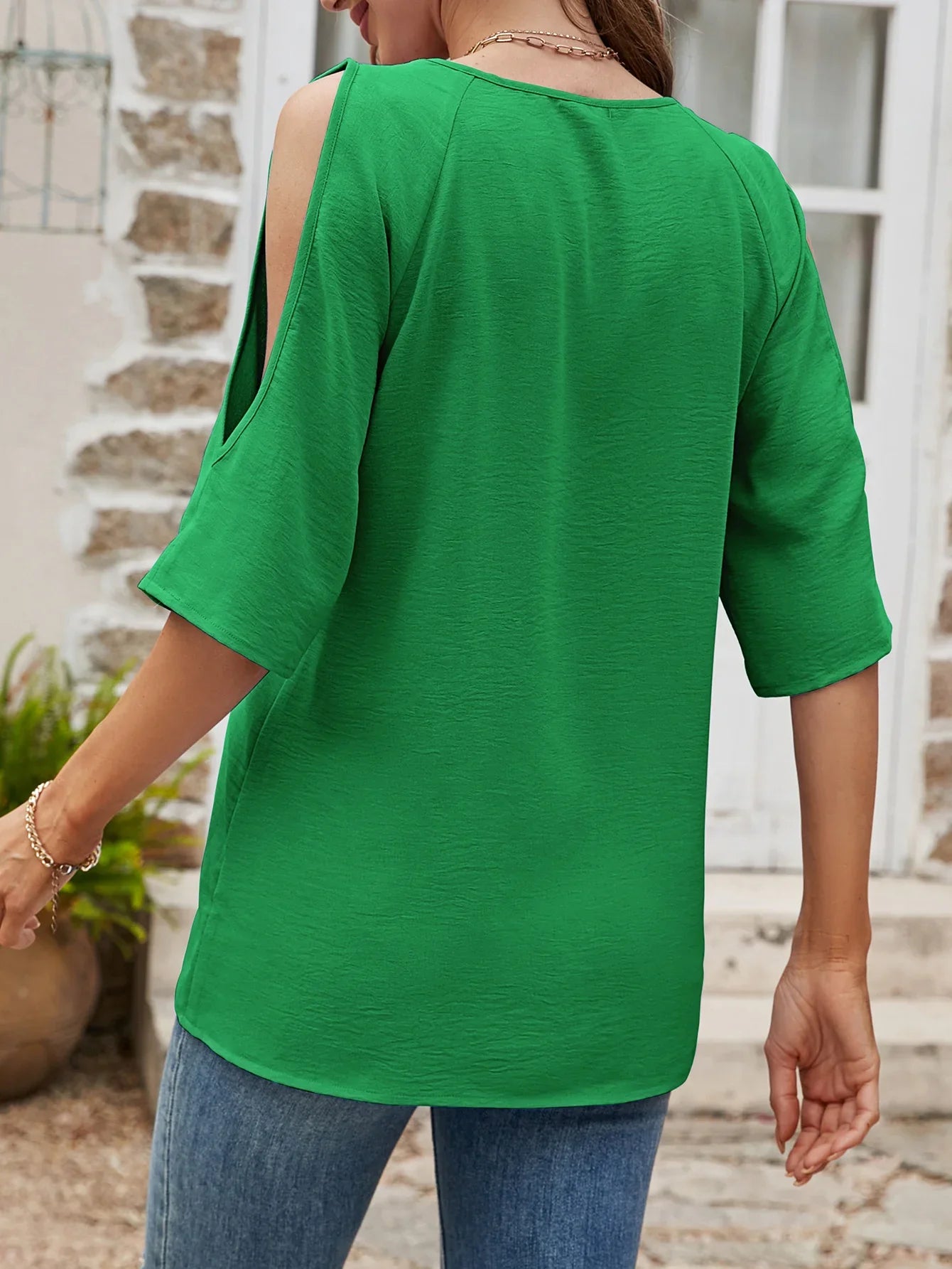 Textured Round Neck Split Sleeve Polyester Top - Southern Shores Clothing