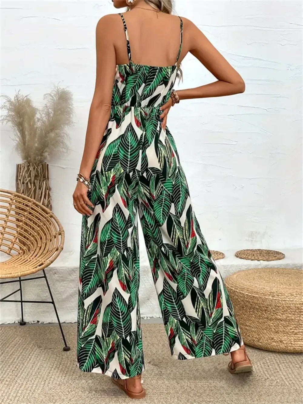 Tropical Print Spaghetti Strap Wide Leg Jumpsuit - Southern Shores Clothing
