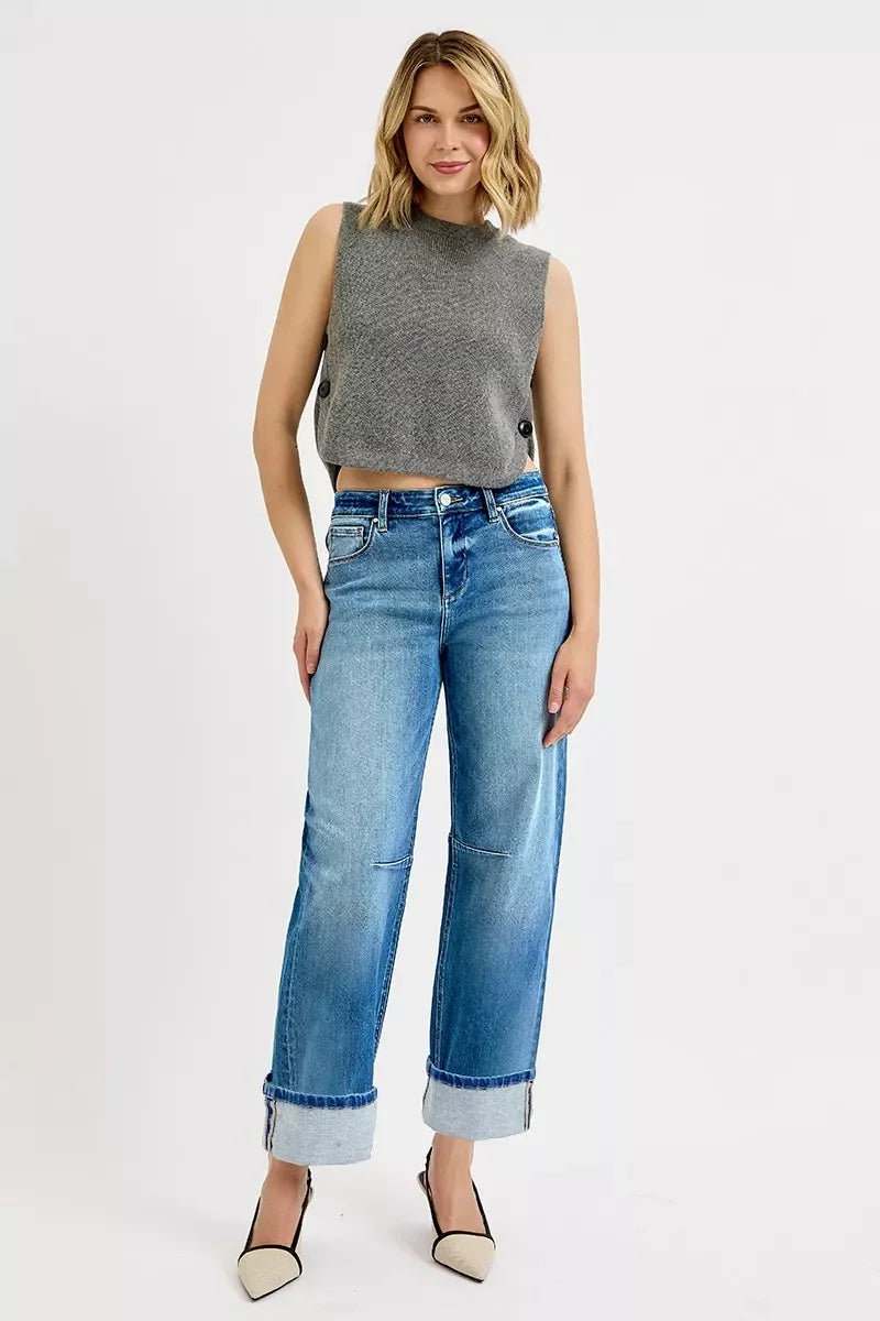 Denim Slouchy Crop Barrel Jeans With Cuffed Hem - Southern Shores Clothing