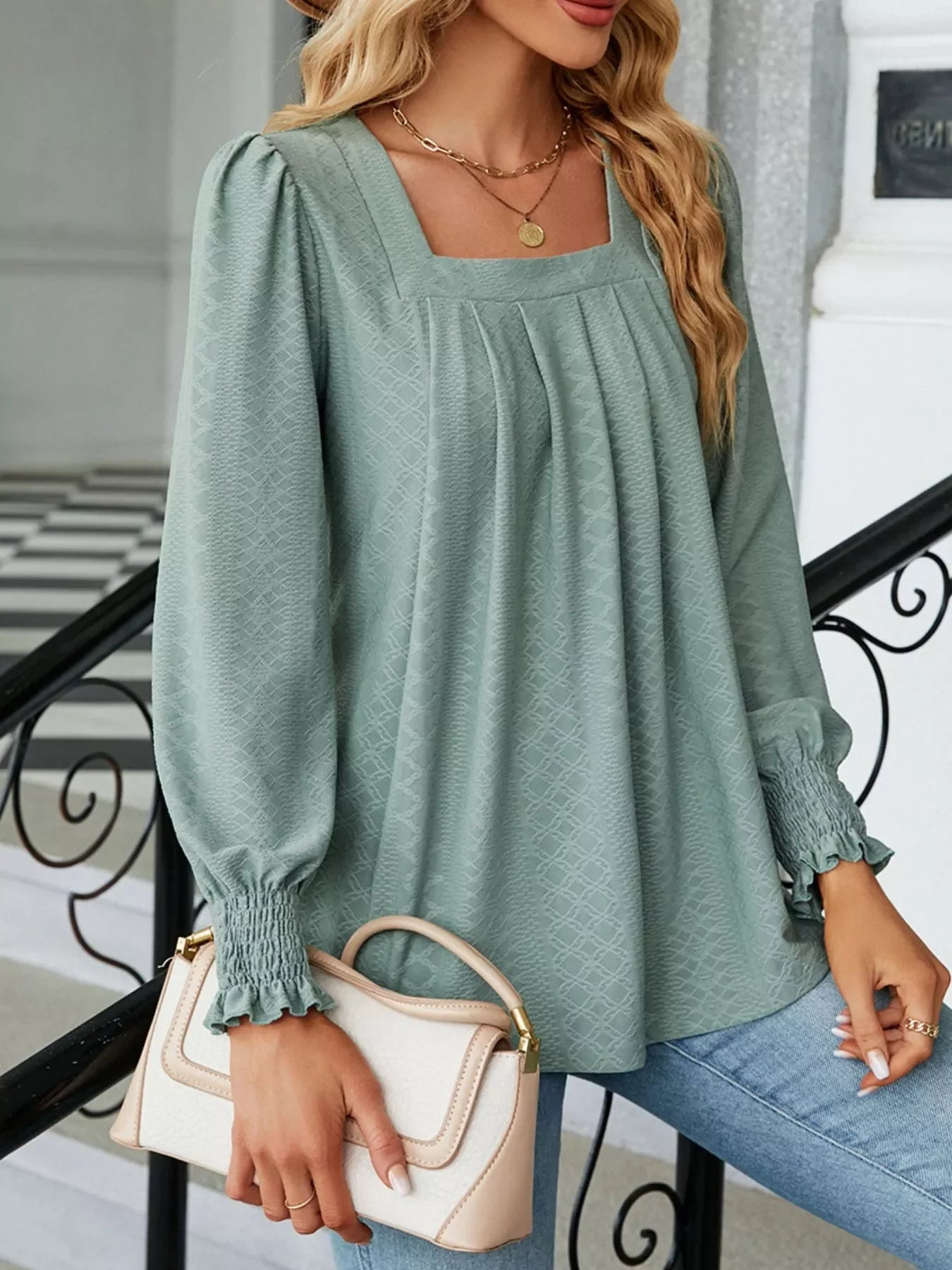 Pleated Square Neck Long Sleeve Top - Southern Shores Clothing