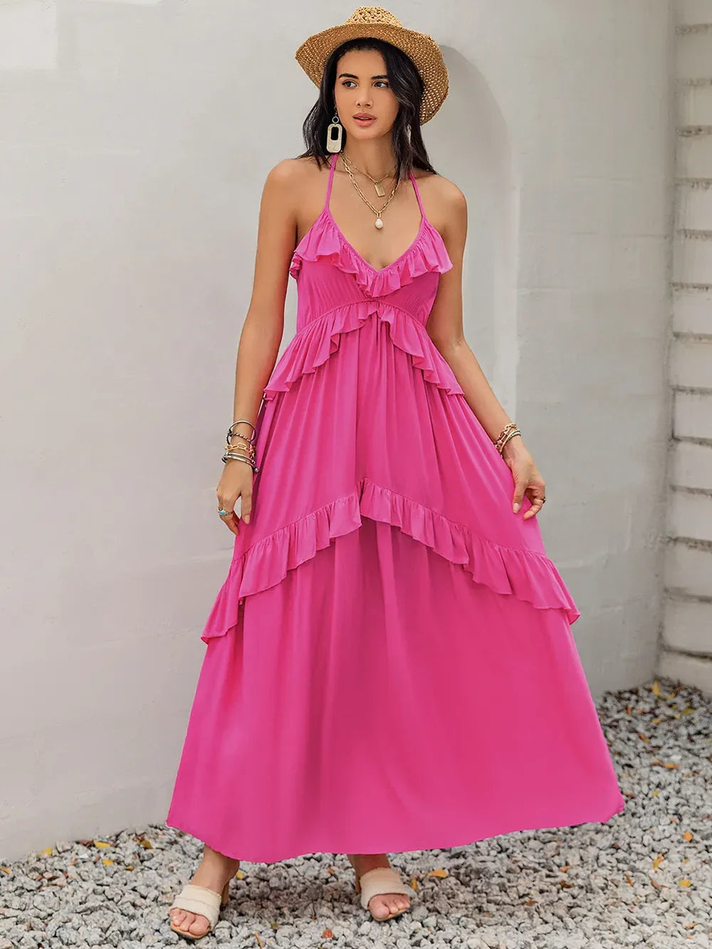 Ruffled Halter Neck Maxi Dress With Tiered Layers Of Ruffles - Southern Shores Clothing