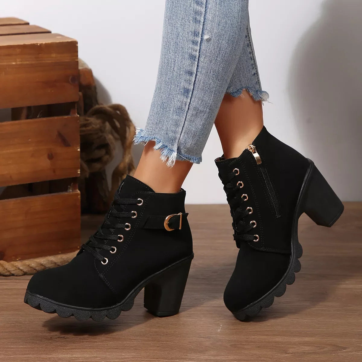 Lace Up Buckle Chunky Heel Ankle Boots Suede Rubber - Southern Shores Clothing