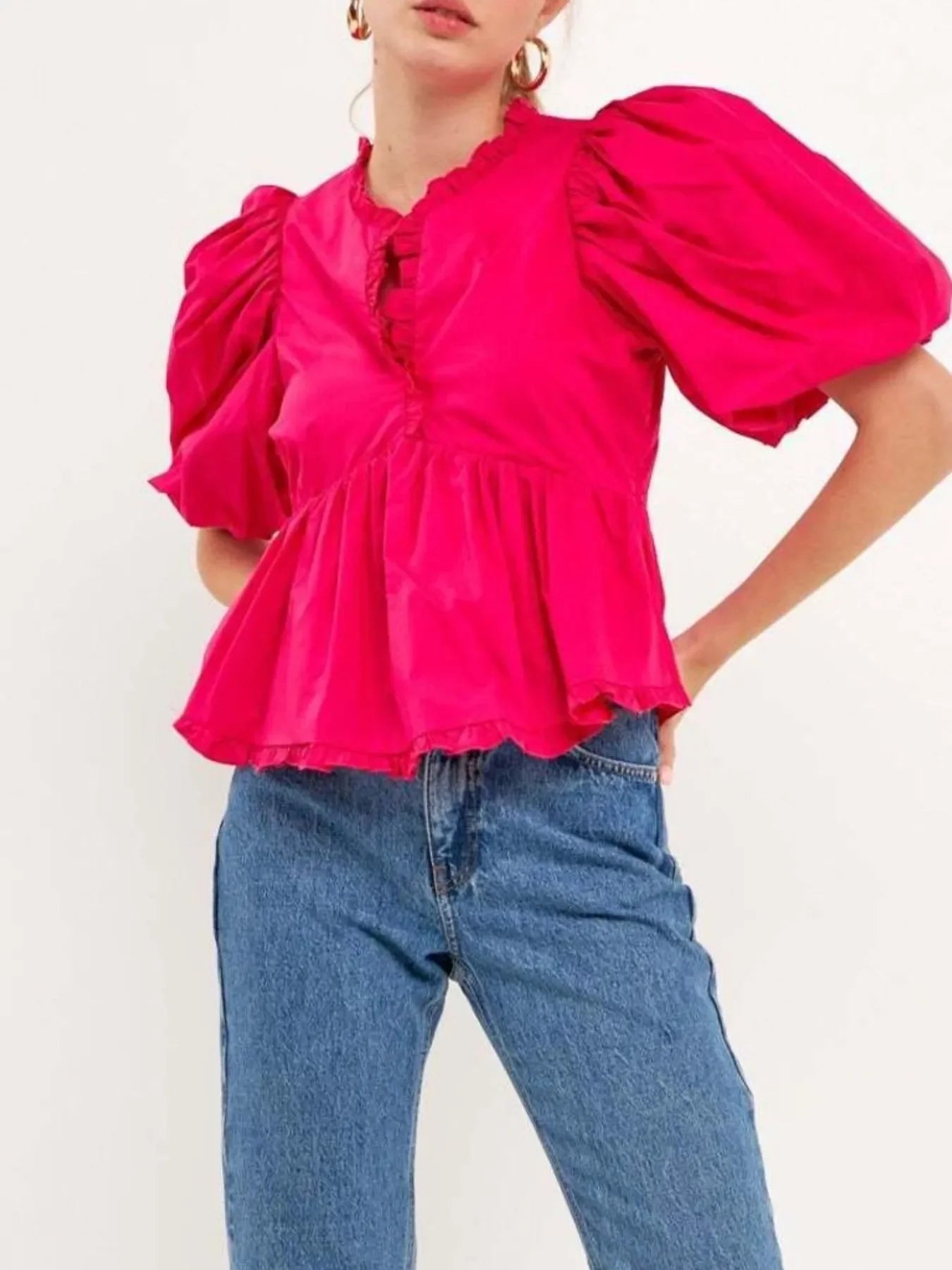 Stylish Southern Shores Clothing Puff Sleeve Peplum Blouse With Ruffles In 100% Polyester Fabric - Southern Shores Clothing
