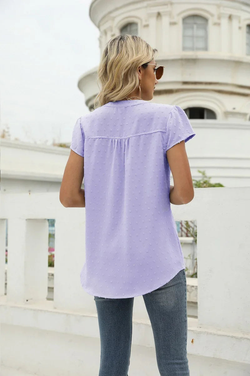 Swiss Dot Notched Neck Short Sleeve Top Casual Wear - Southern Shores Clothing