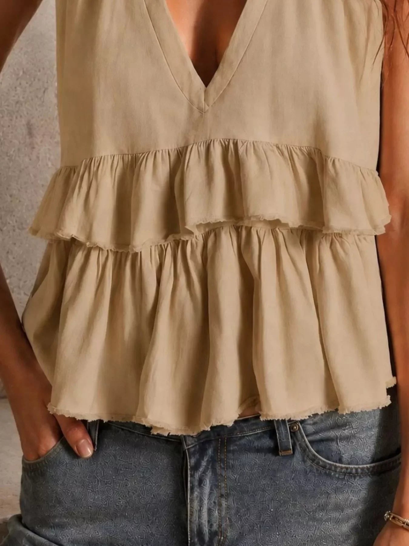 Ruffled V-Neck Sleeveless Tank Top Tiered Hem Polyester Blend - Southern Shores Clothing