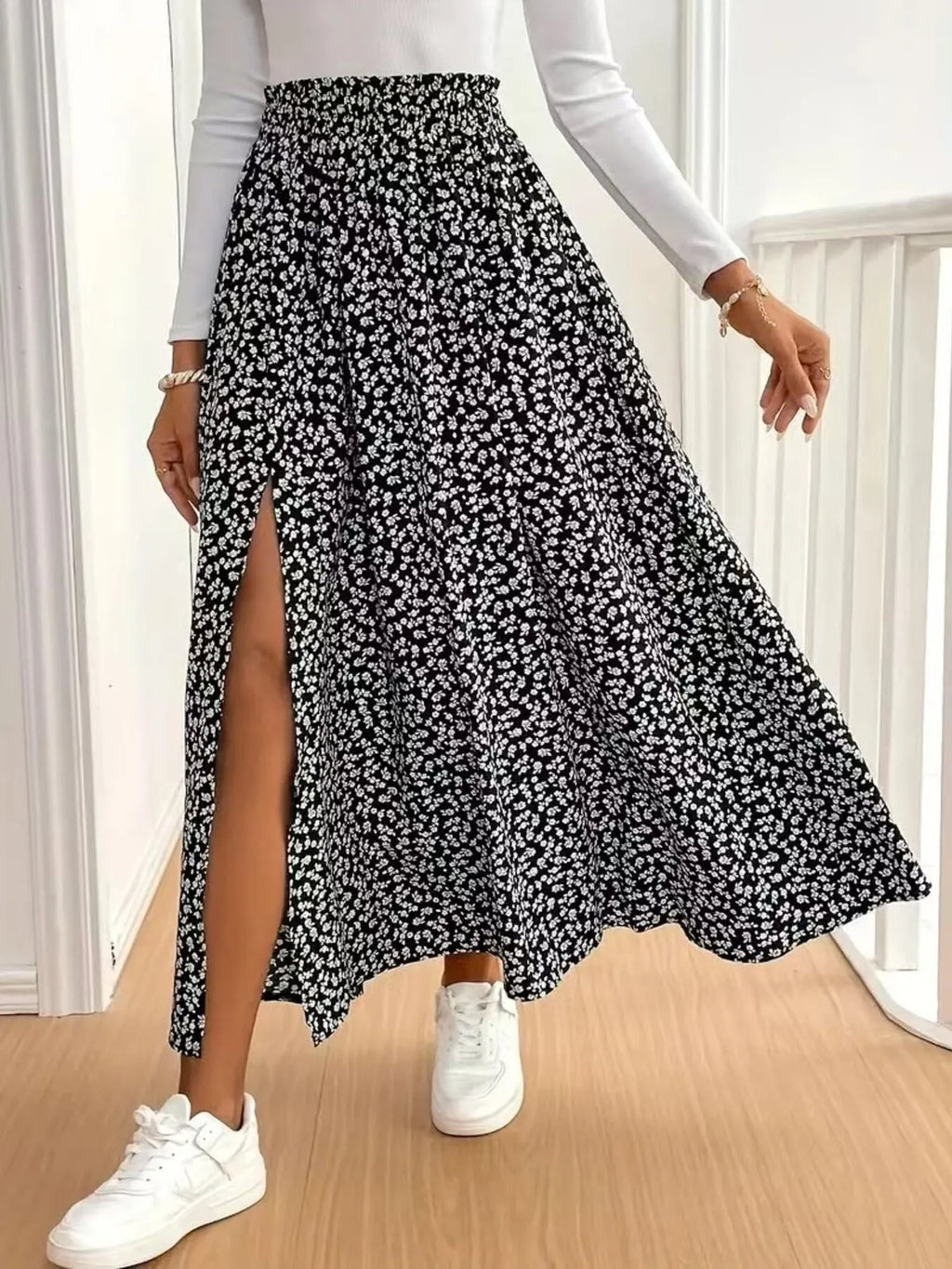 Beachside Floral Split Elastic Waist Maxi Skirt