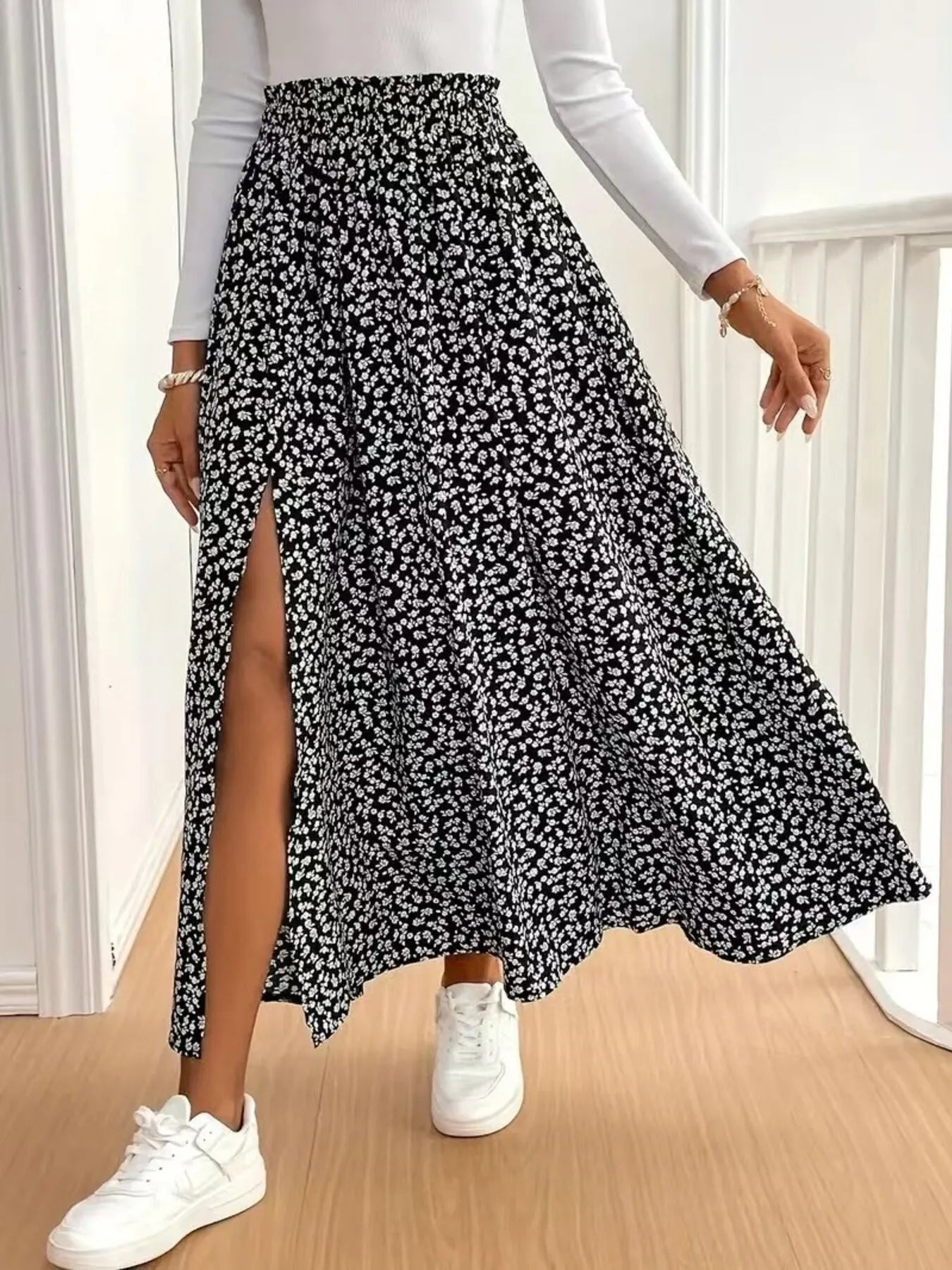 Beachside Floral Split Elastic Waist Maxi Skirt