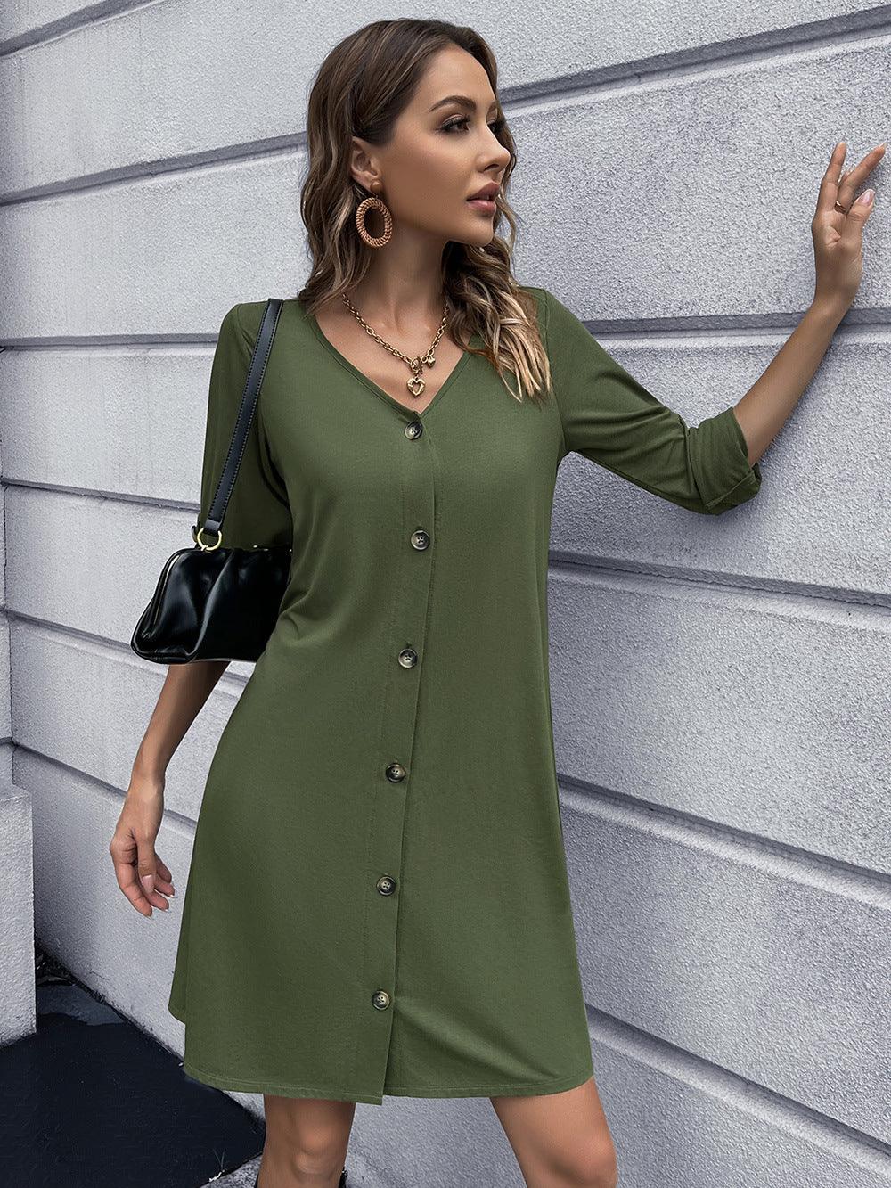 Casual Button Down V Neck Mini Dress Solid - Southern Shores Clothing