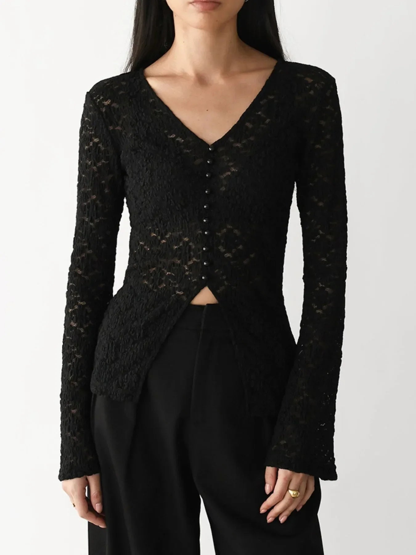 Lace V-Neck Flare Sleeve Buttoned Slit T Shirt - Southern Shores Clothing