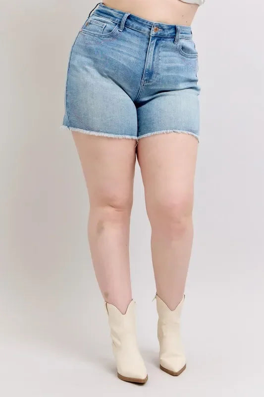 Plus Size High Waist Western Embroidered Cutoff Denim Shorts - Southern Shores Clothing