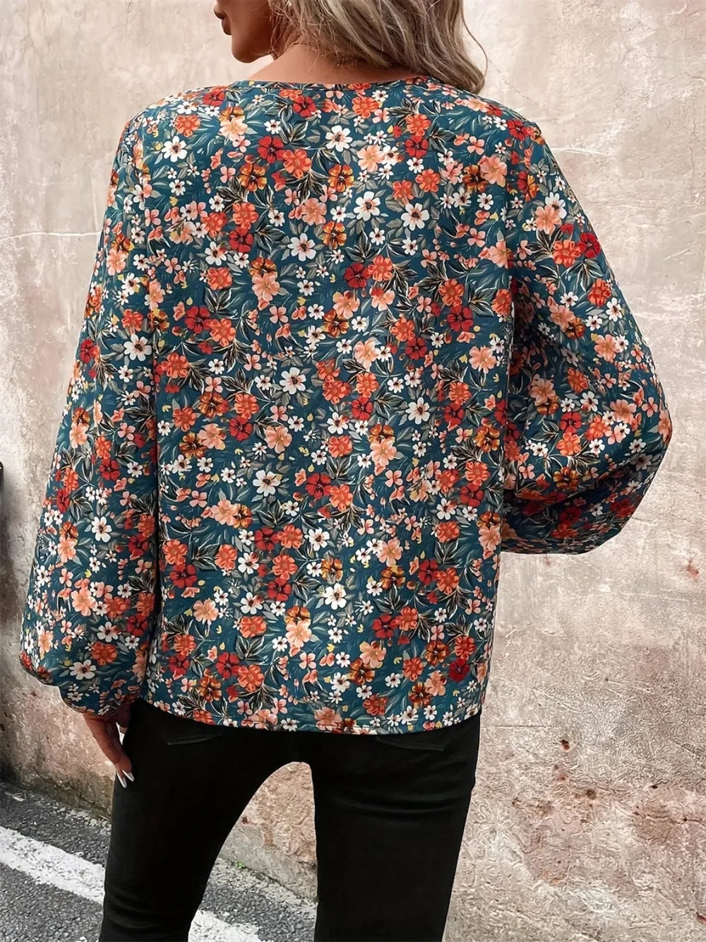 Printed V-Neck Balloon Sleeve Casual Blouse - Southern Shores Clothing