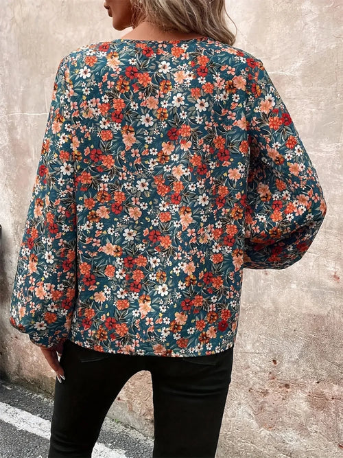 Printed V-Neck Balloon Sleeve Casual Blouse - Southern Shores Clothing