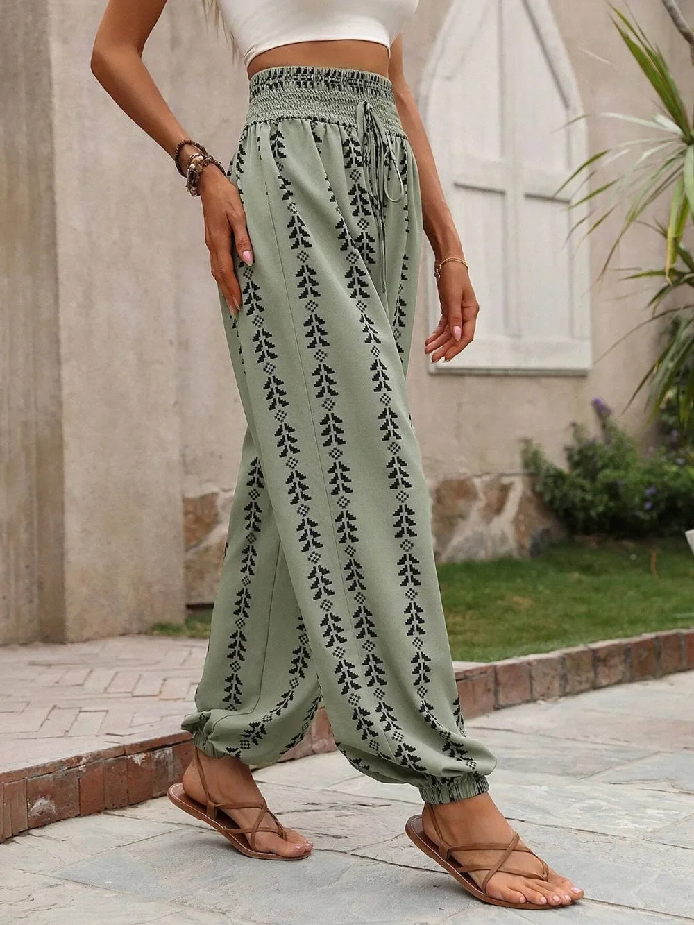 Tied Printed High Waist Wide Leg Pants With Drawstring Tie - Southern Shores Clothing