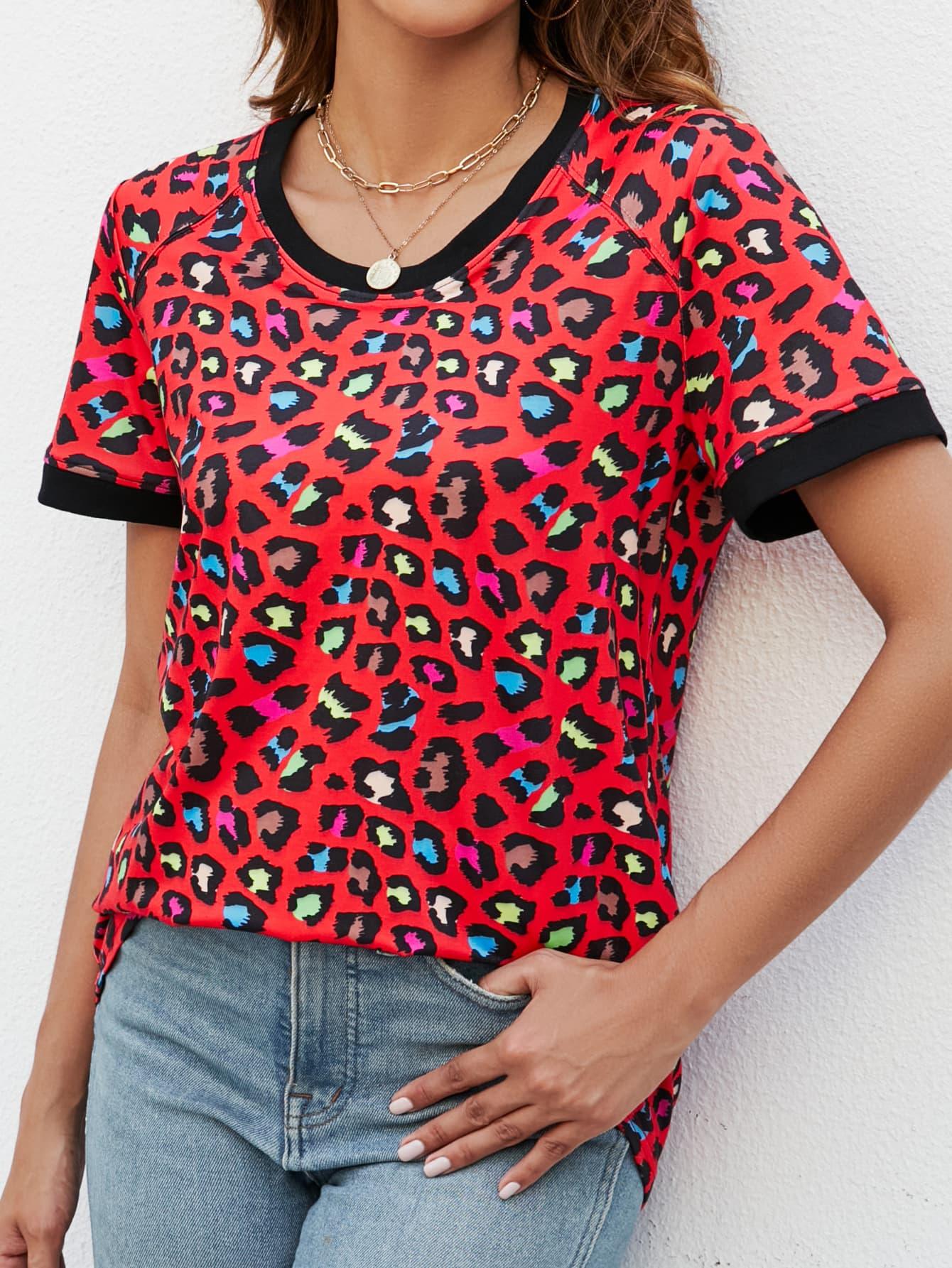 Leopard Print V-Neck Long T-Shirt With Stretchy Fabric - Southern Shores Clothing