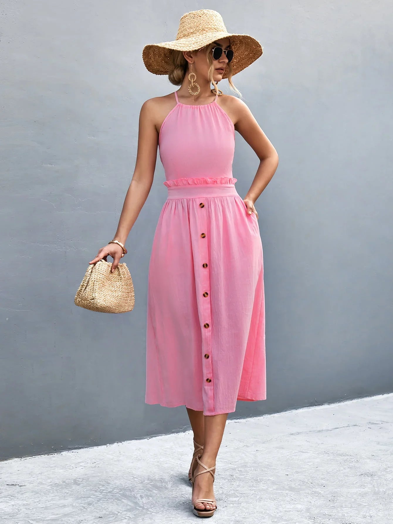 Buttoned Halter Neck Frill Trim Midi Dress - Southern Shores Clothing