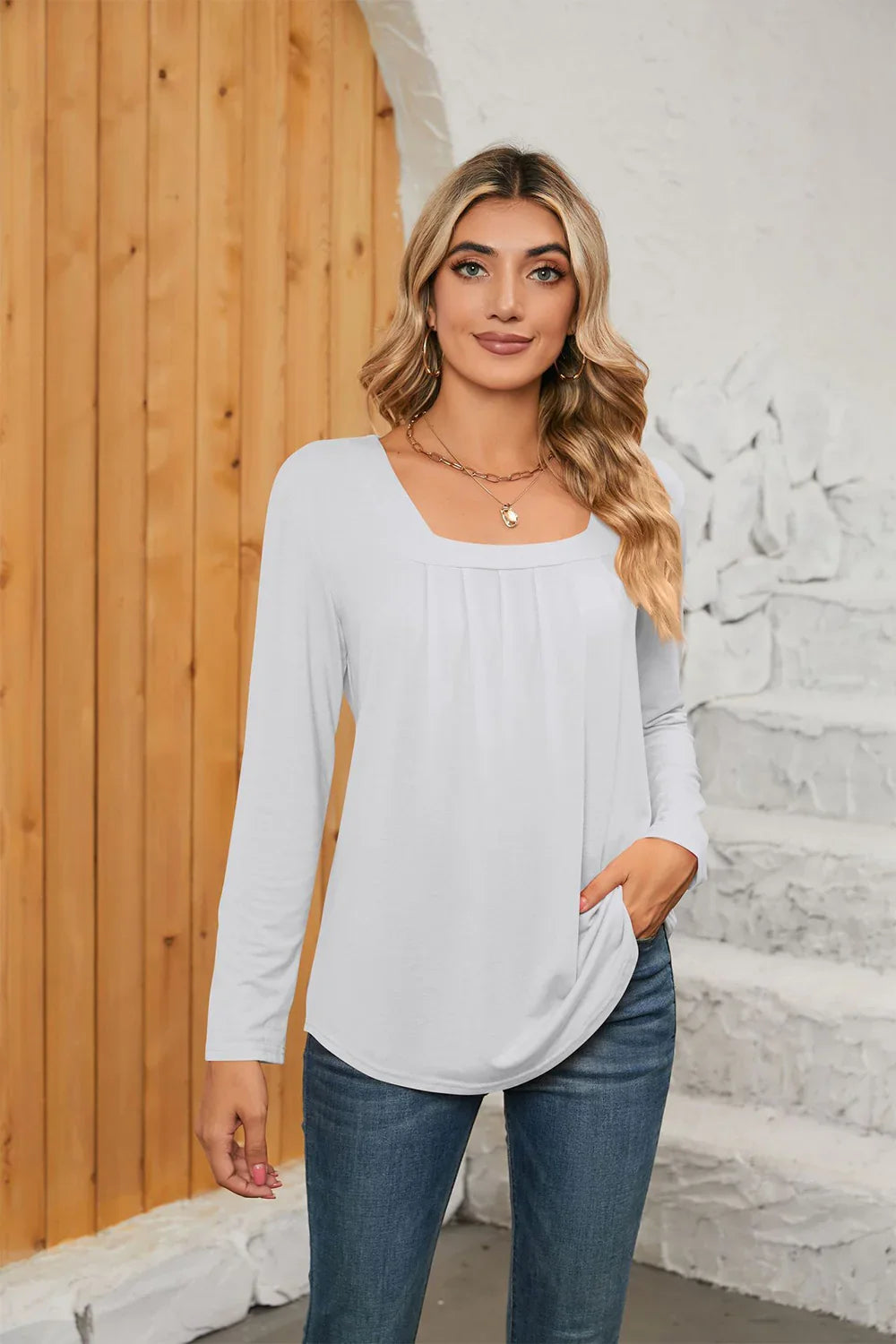 Square Neck Stretch Long Sleeve T Shirt Everyday - Southern Shores Clothing