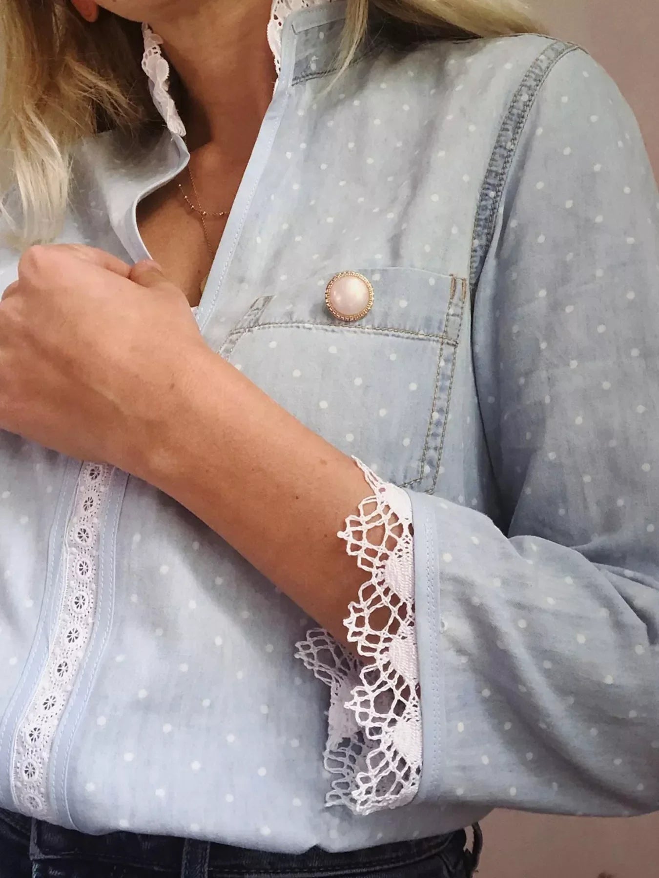 Lace Trim Patchwork Dotted Print Collared Blouse - Southern Shores Clothing