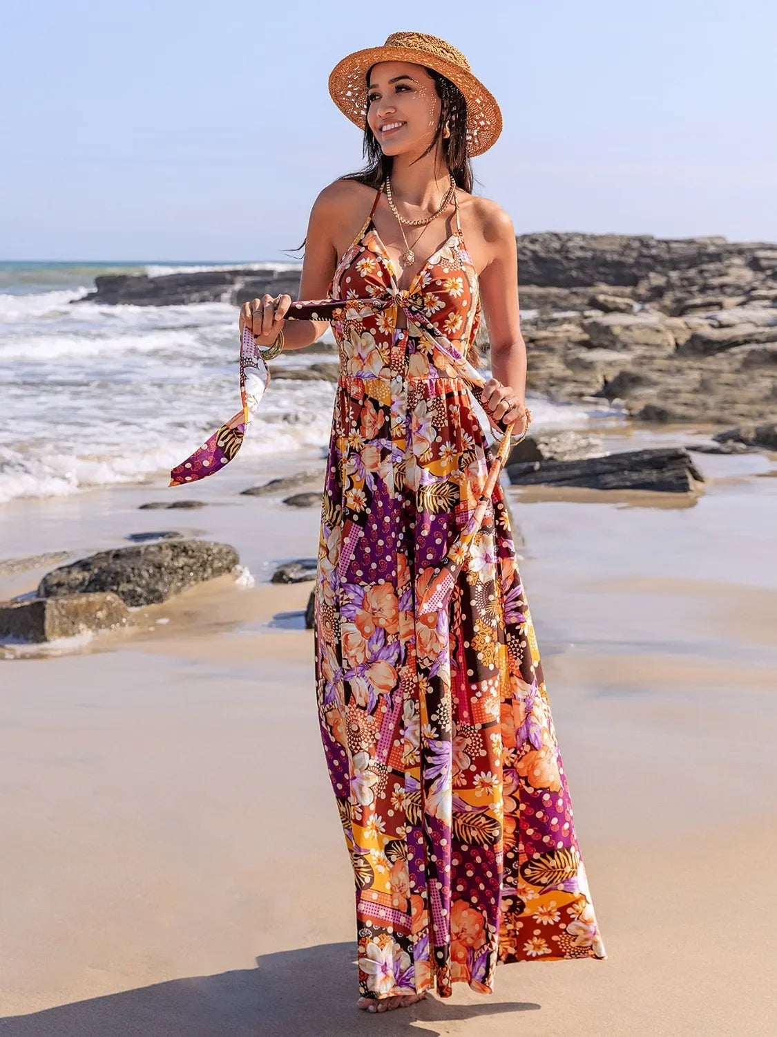 Slit Printed Halter Neck Cami Dress With Tie Front Allover - Southern Shores Clothing