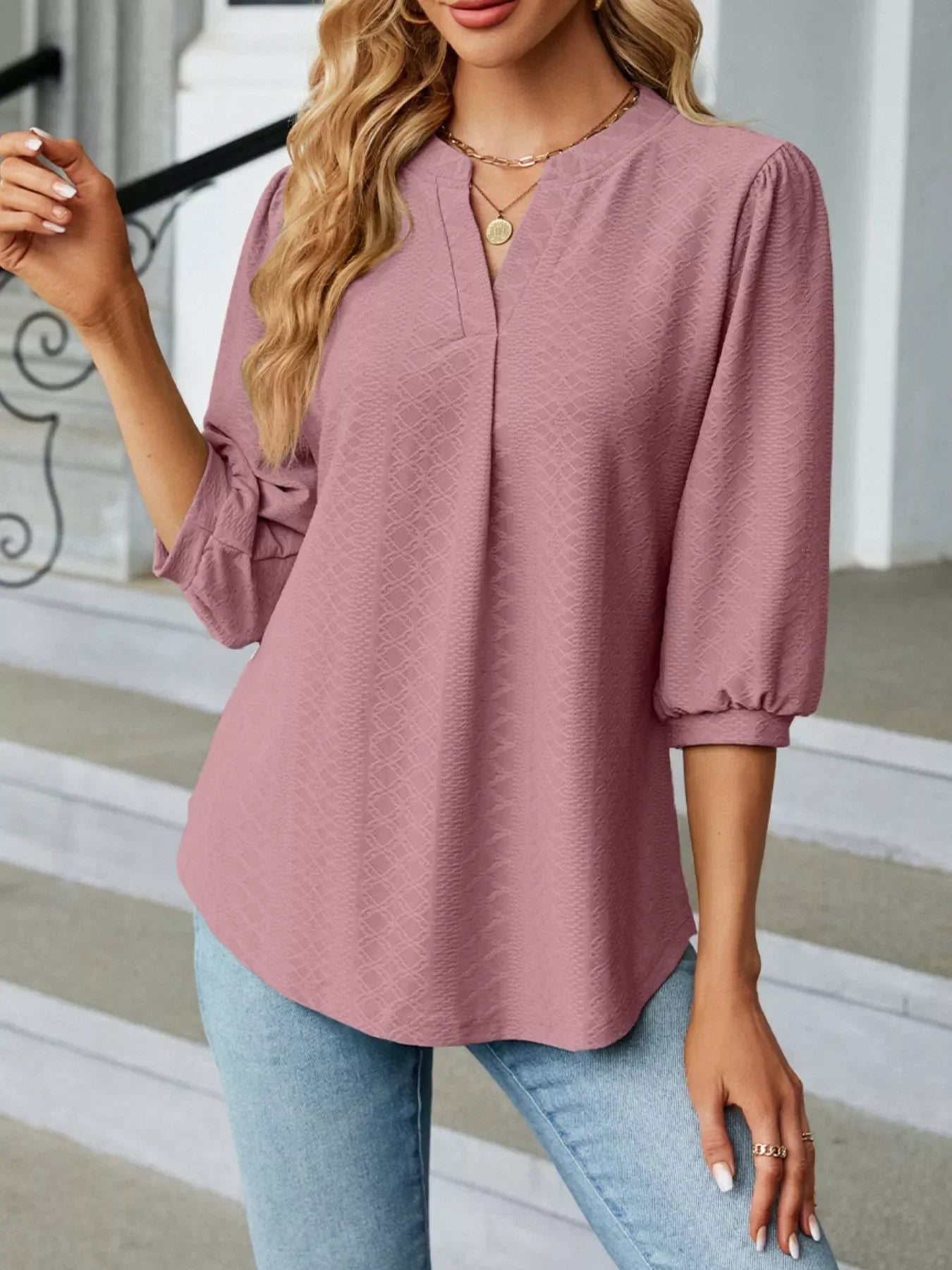 Notched 3/4 Sleeve Casual Top - Southern Shores Clothing