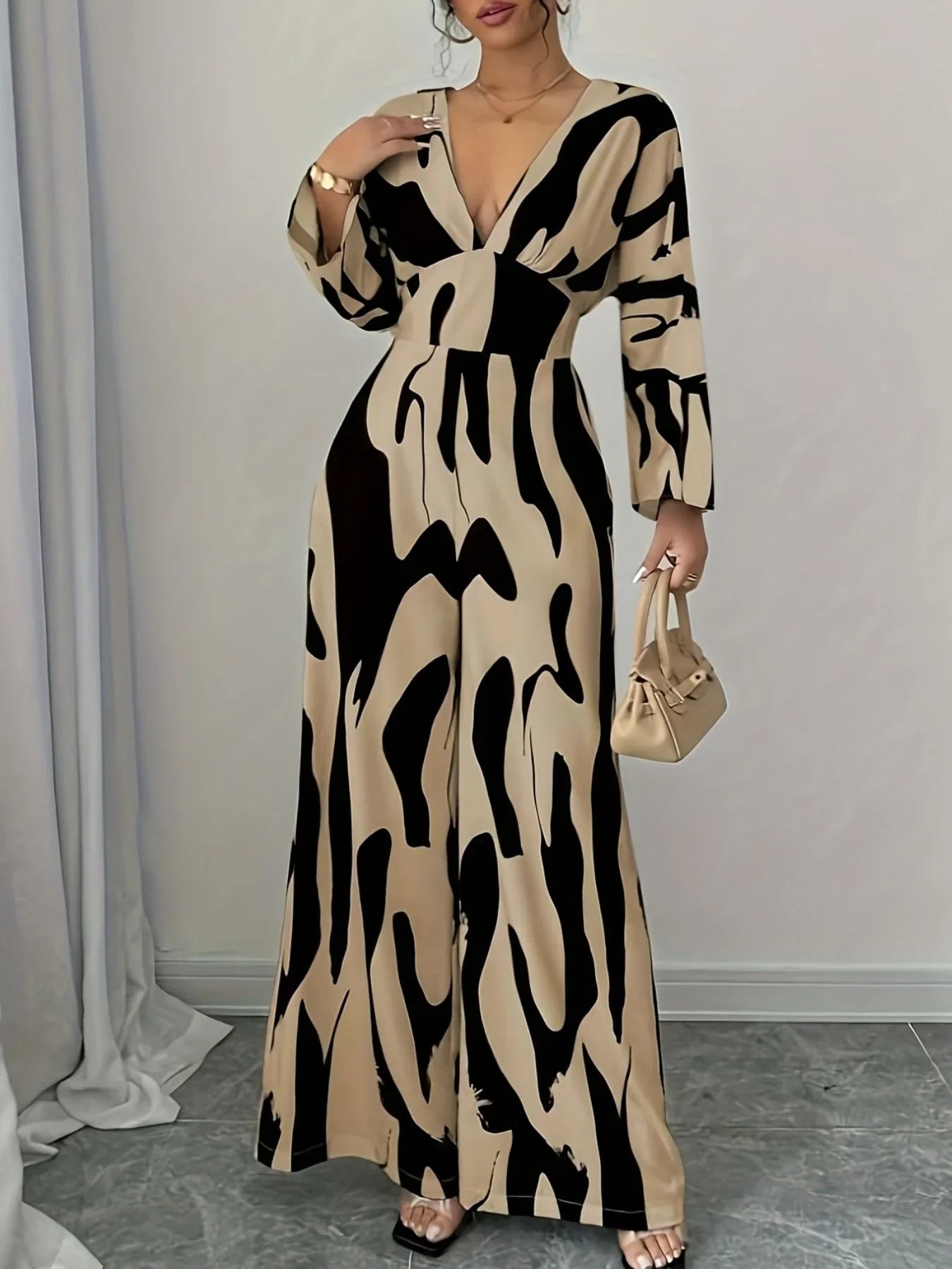 Abstract Print V-Neck Wide Leg Jumpsuit Silhouette - Southern Shores Clothing