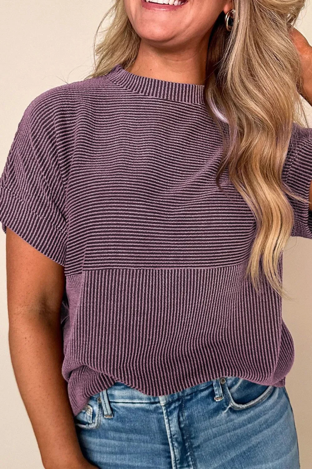 Corded Knit Mock Neck Short Sleeve T Shirt With Stretch - Southern Shores Clothing