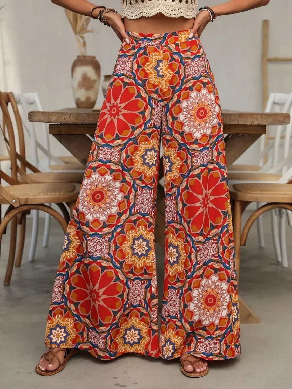 Printed Wide Leg Pants With Mandala Pattern Geometric Design - Southern Shores Clothing