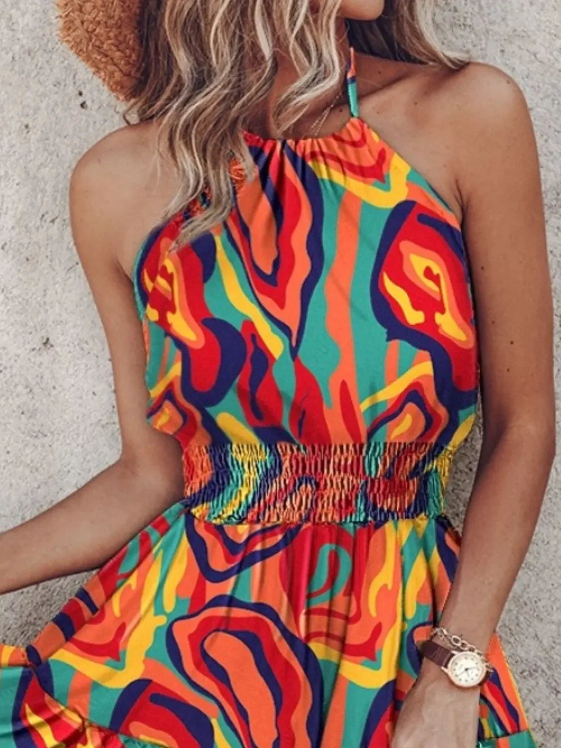 Ruffled Smocked Paisley Print Halter Neck Mini Dress Boho - Southern Shores Clothing