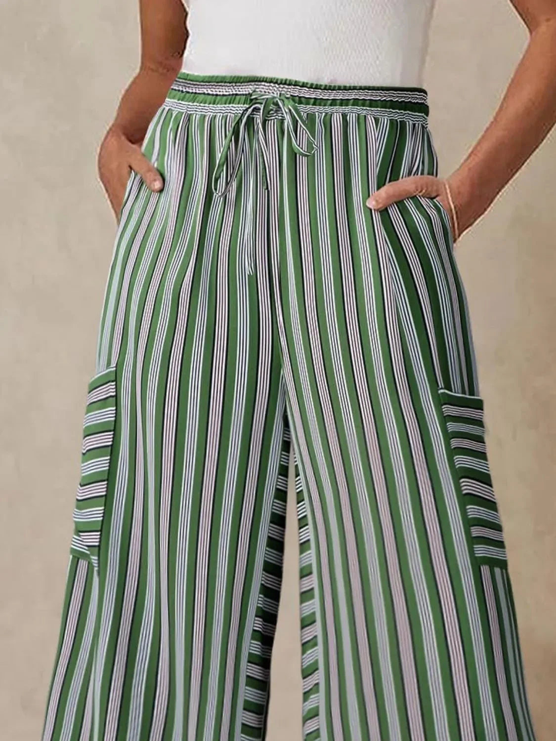 Wide Leg Contrast Striped Pants With Breathable Fabric - Southern Shores Clothing