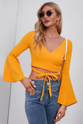 Tie Front Flare Sleeve Cropped Top Surplice Neckline Blouse - Southern Shores Clothing