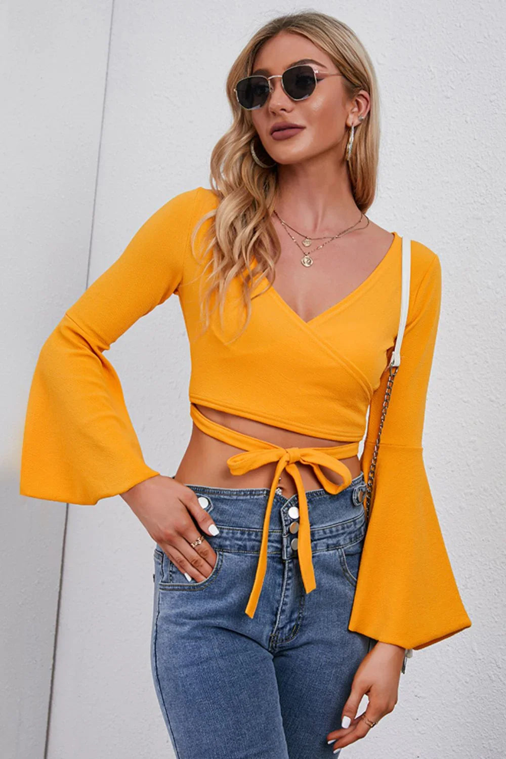 Tie Front Flare Sleeve Cropped Top Surplice Neckline Blouse - Southern Shores Clothing