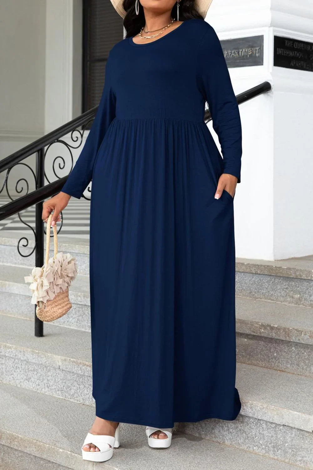 Plus Size Round Neck Long Sleeve Maxi Dress With Pockets - Southern Shores Clothing