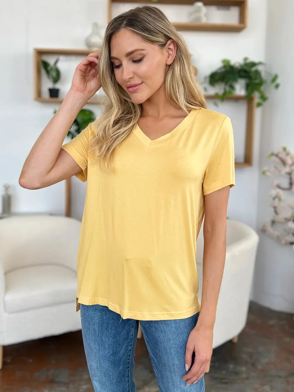 Basic Bae Bamboo Full Size V-Neck High-Low T-Shirt - Southern Shores Clothing