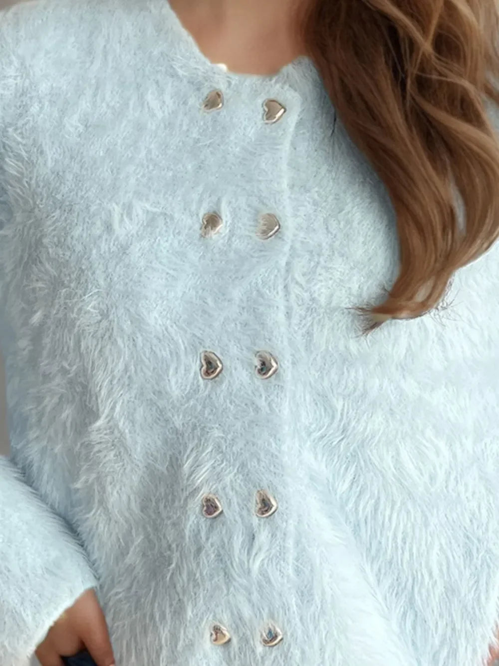 Heart Button Round Neck Cardigan With Stretch Knit - Southern Shores Clothing