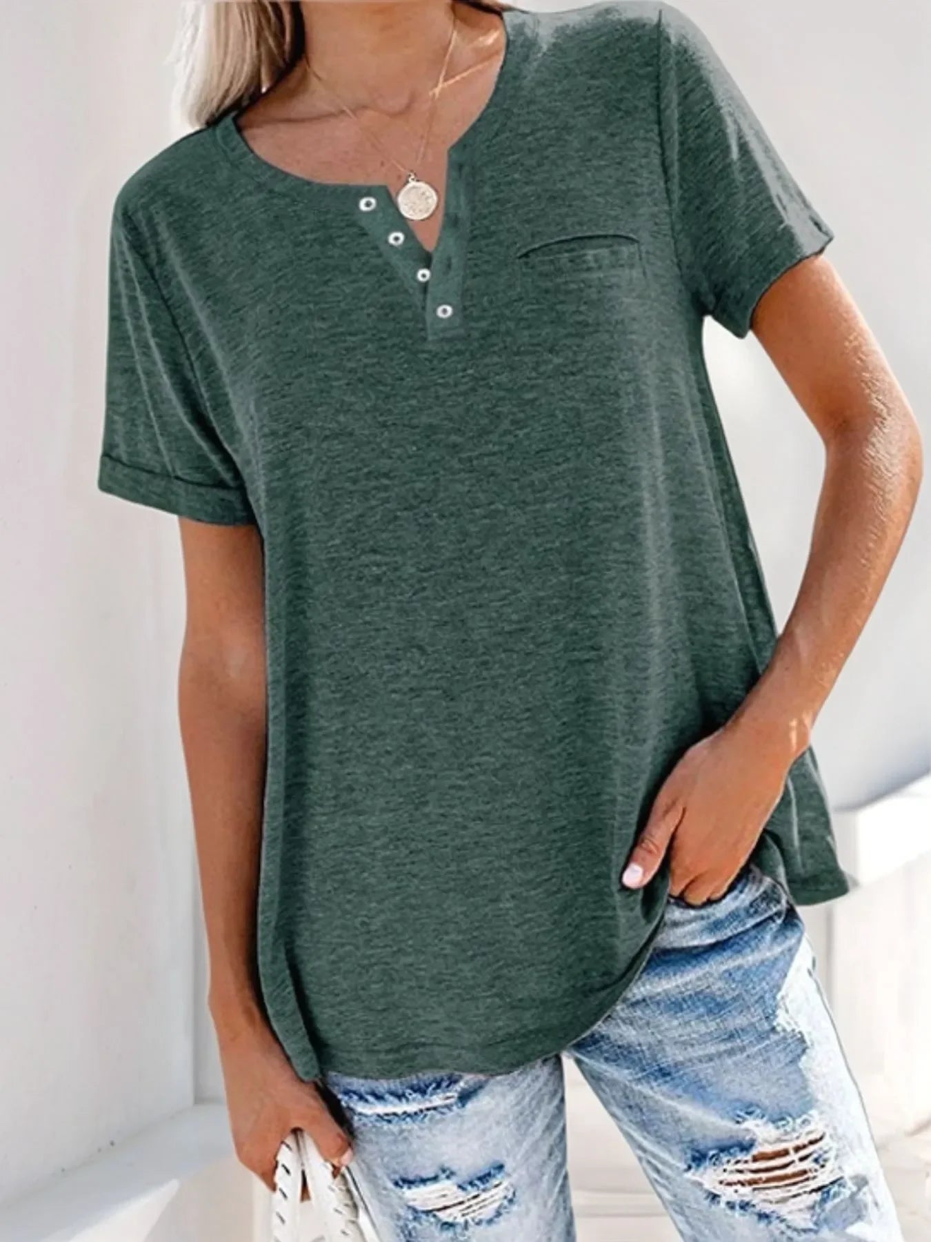 Plus Size Notched Short Sleeve T Shirt With Button Detail - Southern Shores Clothing