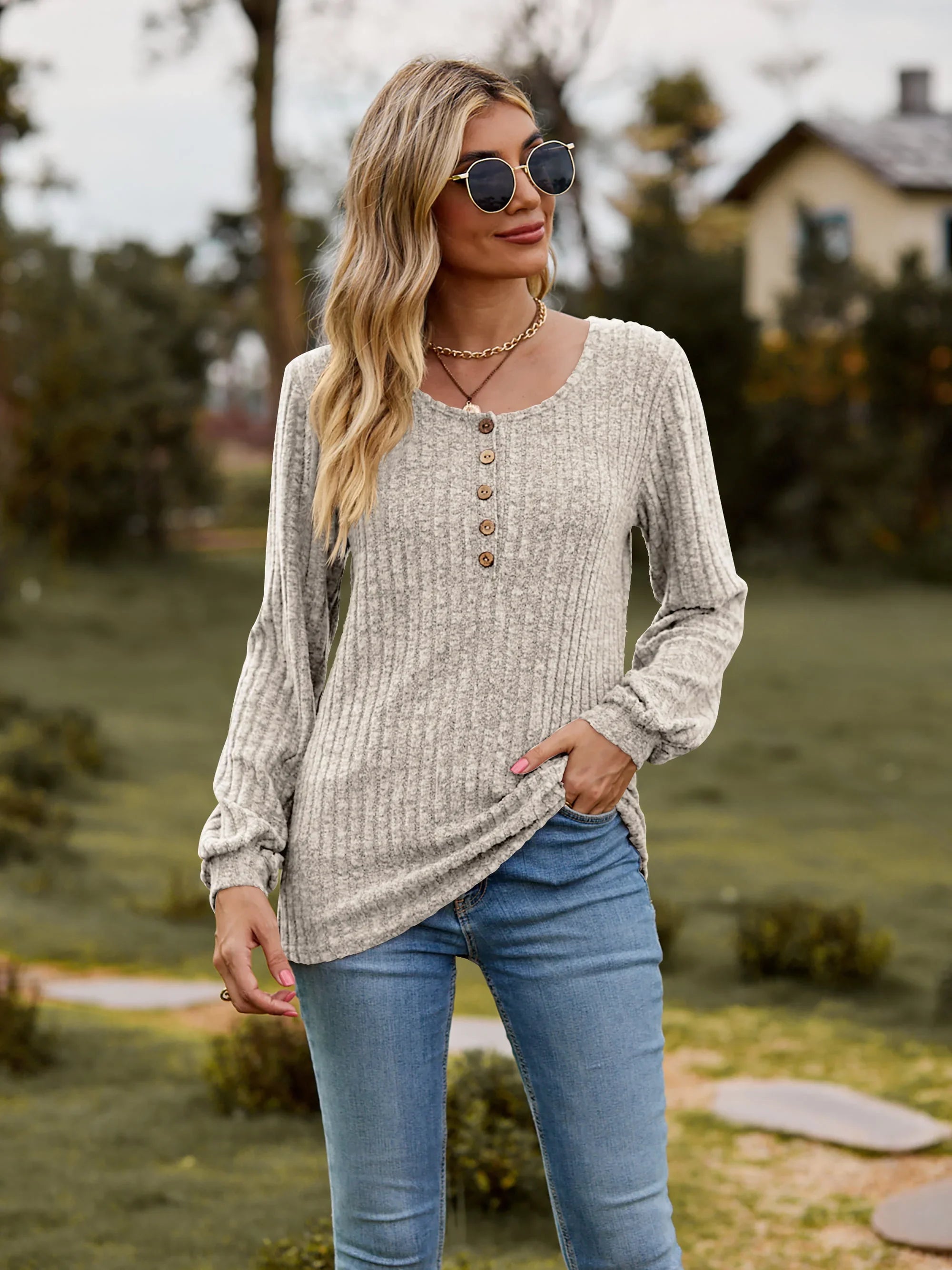 Stretchy Heathered Round Neck Button-Down Long Sleeve Tee - Southern Shores Clothing