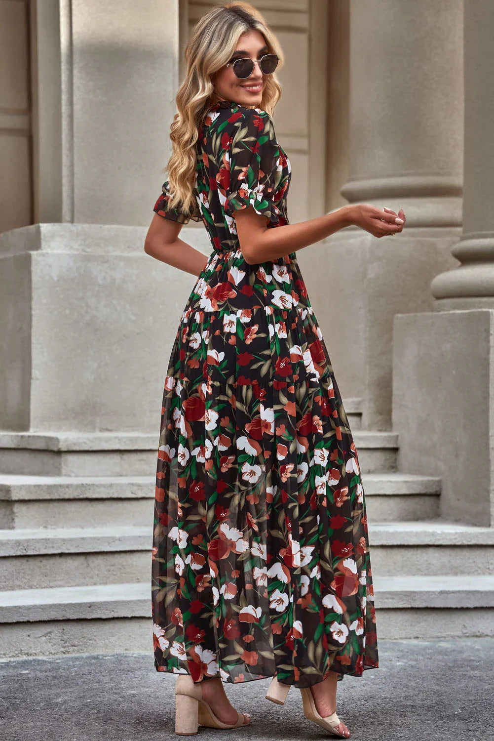 Floral V Neck Short Flounce Sleeve Maxi Dress - Southern Shores Clothing
