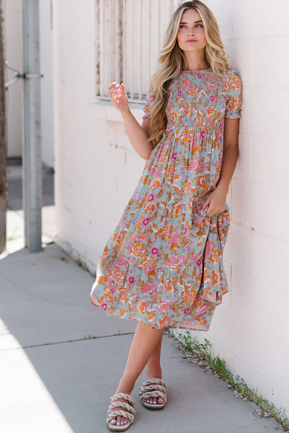 Floral Flounce Sleeve Round Neck Midi Dress - Southern Shores Clothing