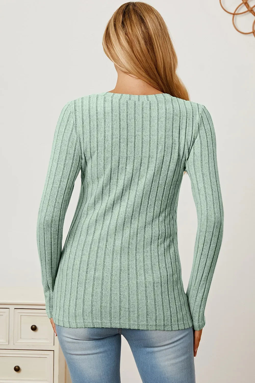Classic Ribbed V-Neck Long Sleeve Knit Tee Top - Southern Shores Clothing