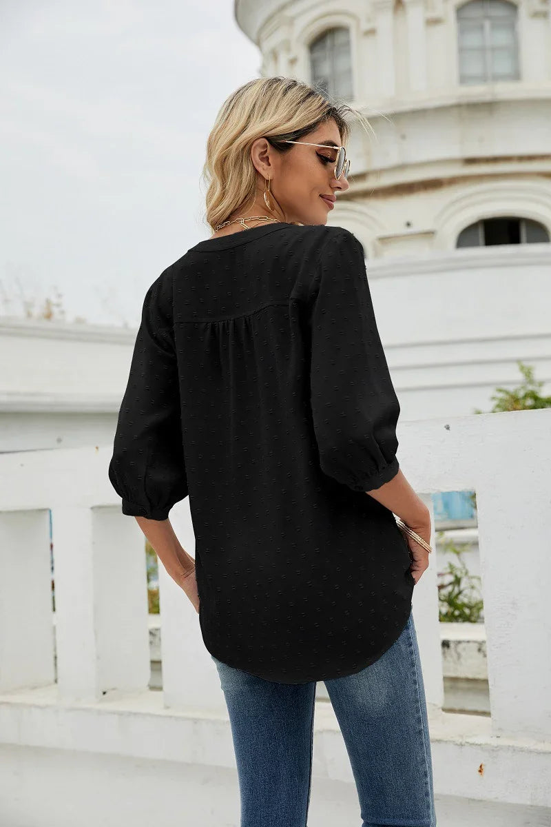 Swiss Dot Notched Neck Three-Quarter Sleeve Blouse - Southern Shores Clothing