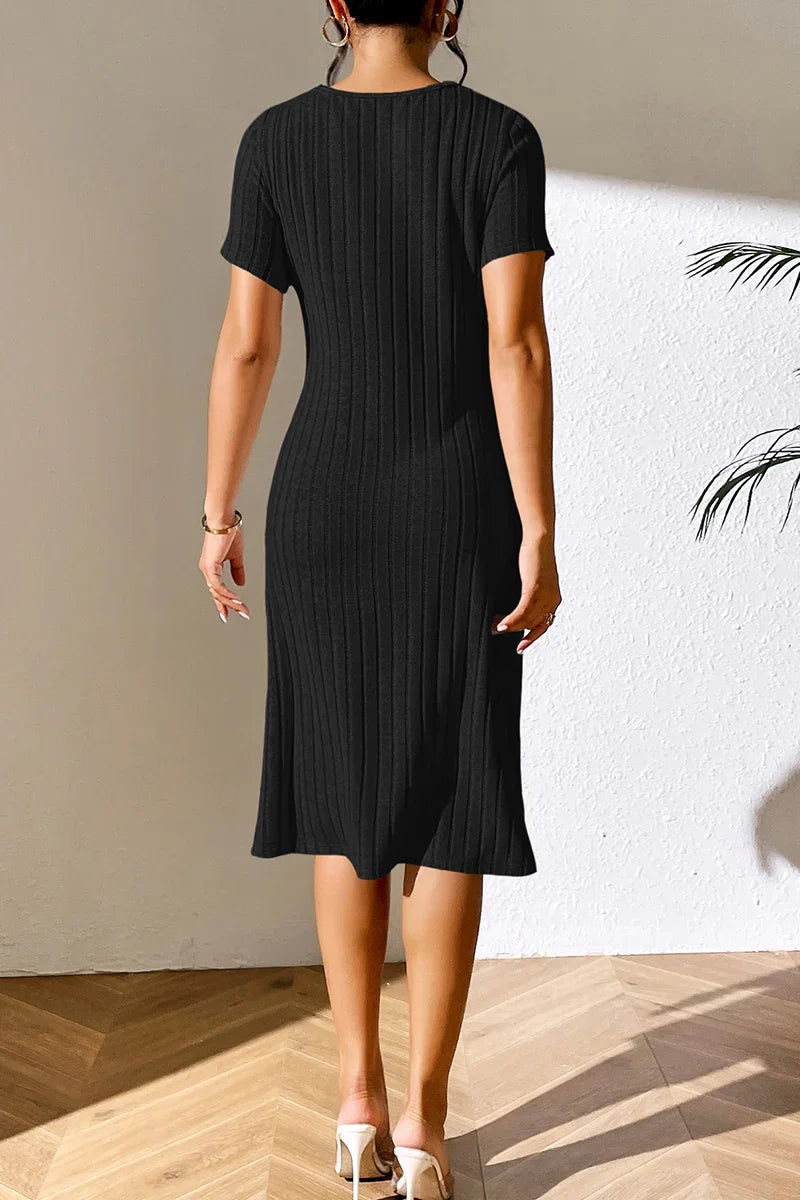 Ivy Lane Ribbed Asymmetrical Neck Short Sleeve Dress - Southern Shores Clothing