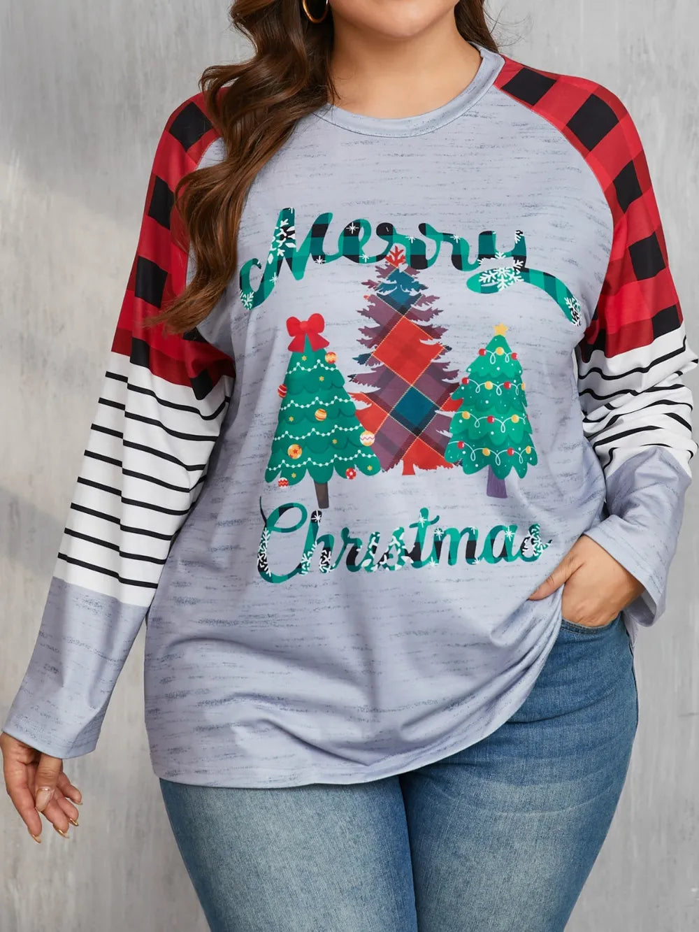 Southern Shores Plus Size Women's Christmas Tree Plaid Long Sleeve T-Shirt