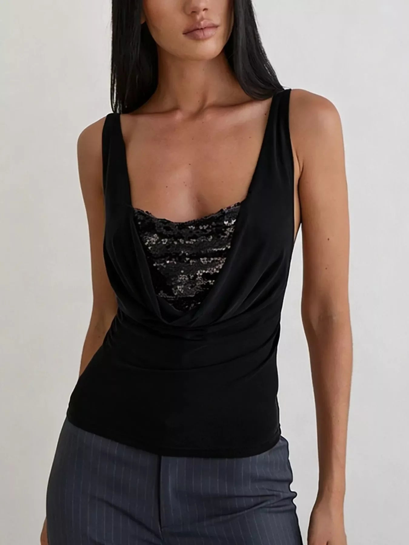 Sequin Detail Ruched Tank Top With Draped Front Stretchy Knit - Southern Shores Clothing