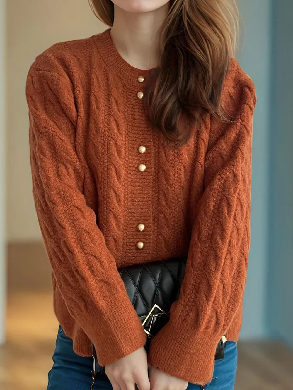 Cable-Knit Round-Neck Long Sleeve Cardigan Buttoned - Southern Shores Clothing