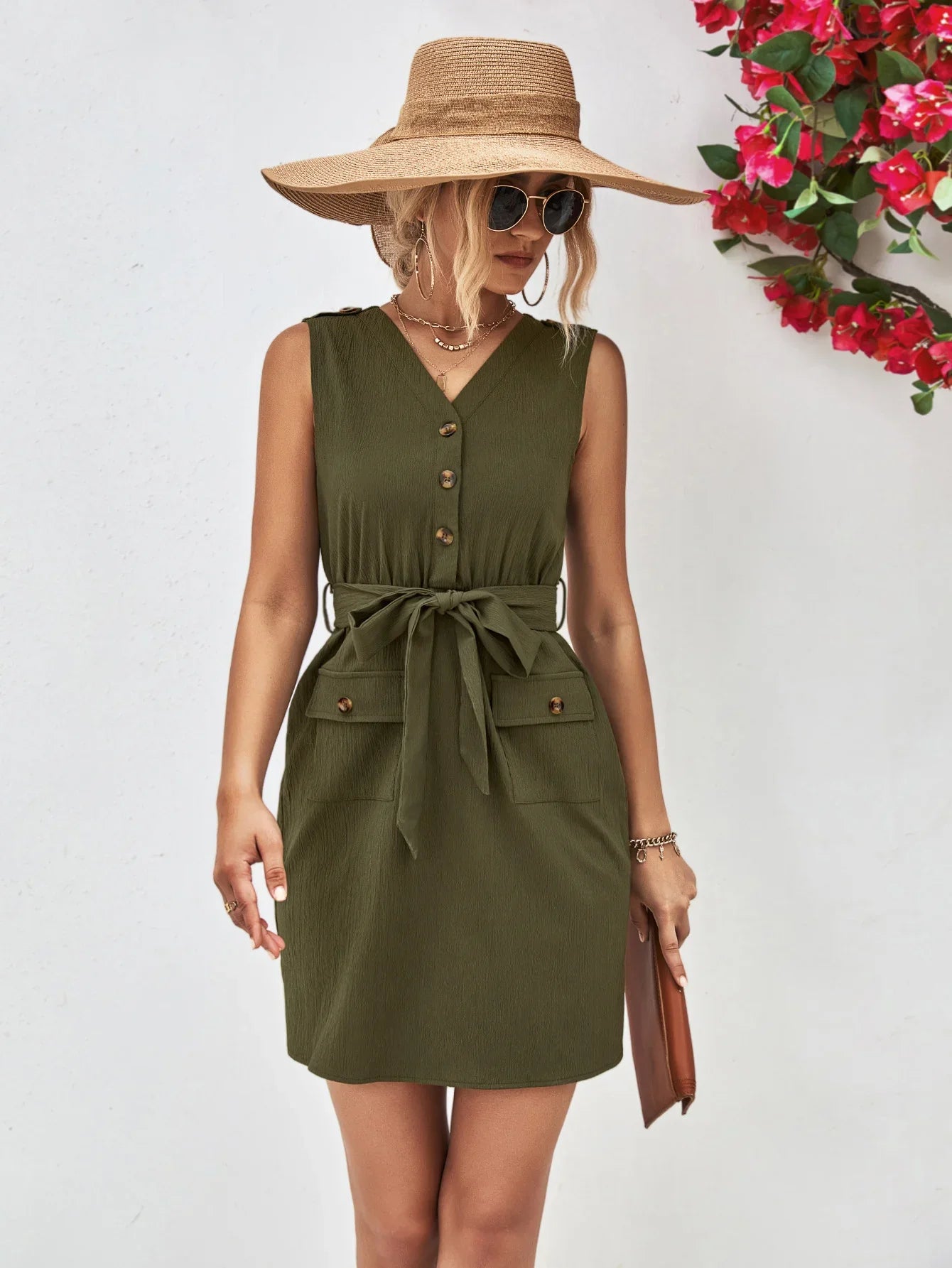 Buttoned V-Neck Belted Sleeveless Dress - Southern Shores Clothing