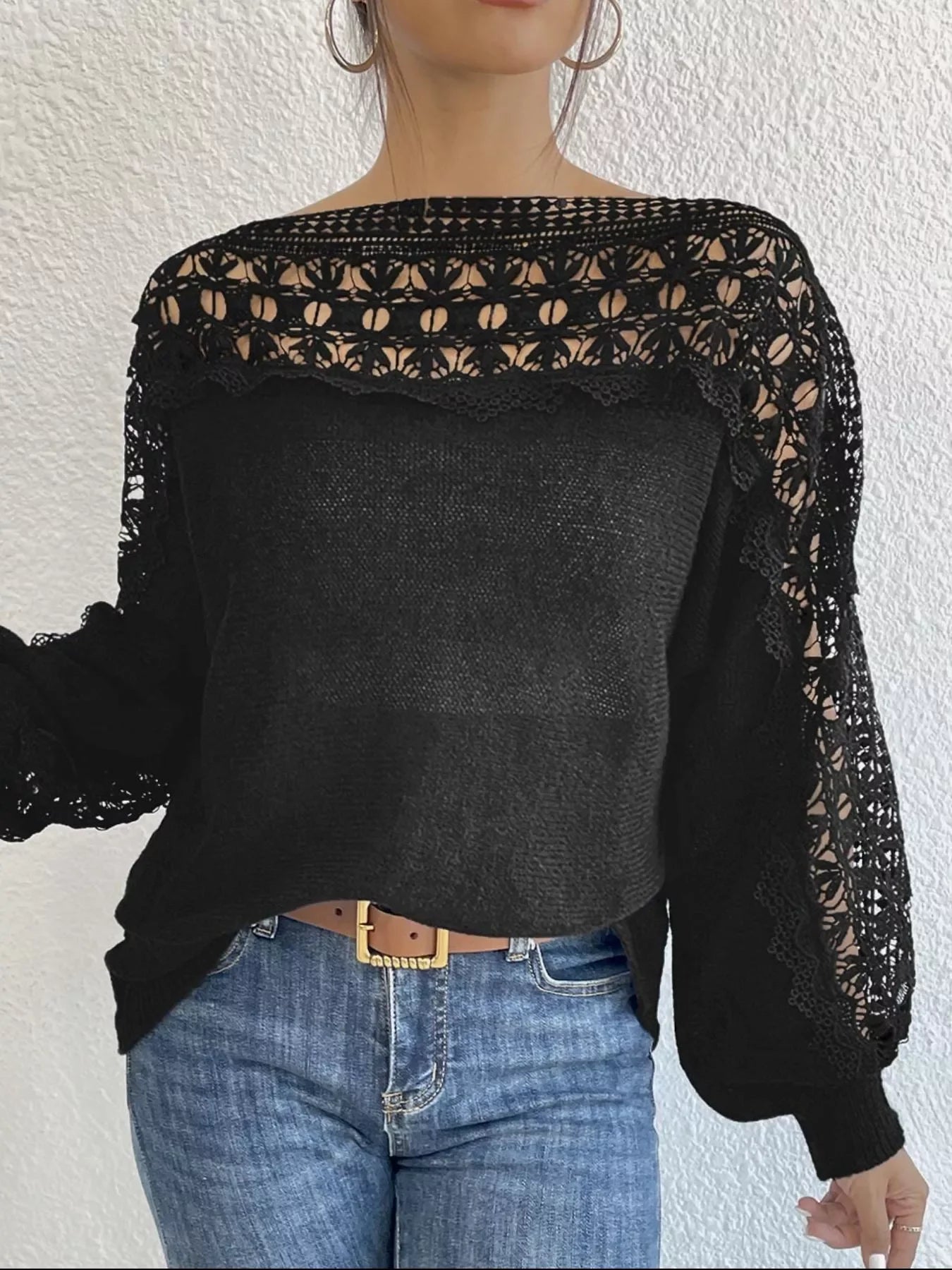 Crochet Lace Yoke Long Sleeve Knit Slim Fit Casual Sweater - Southern Shores Clothing